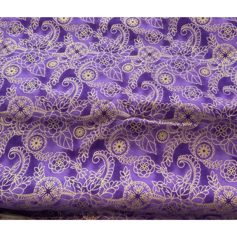 Purple & Gold Metallic Pattern Floral Medallion Cotton Quilting Fabric 3.4 Yd